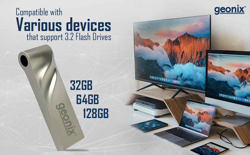 ​Geonix 128GB USB 3.2 Pen Drive, Lightweight Keyring Design, 5-Year Warranty, Grey​-GXPDU128GB