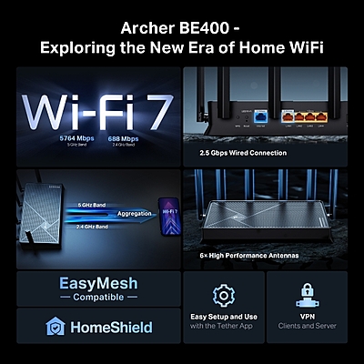 TP-Link BE6500 Dual-Band Wi-Fi 7 Router ,Archer BE400 TP-Link BE6500 Dual-Band Wi-Fi 7 Router ,Archer BE400